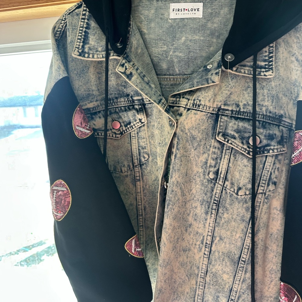 First Love Acid Wash Denim Jacket with Black and Pink Accents